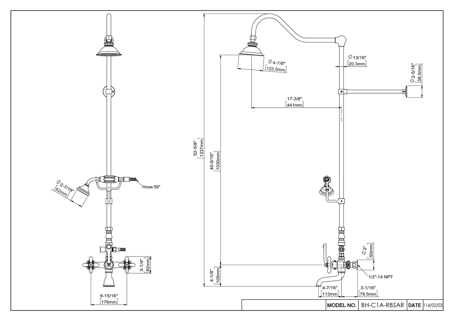 HRLBrass Exposed Shower/Tub Combo